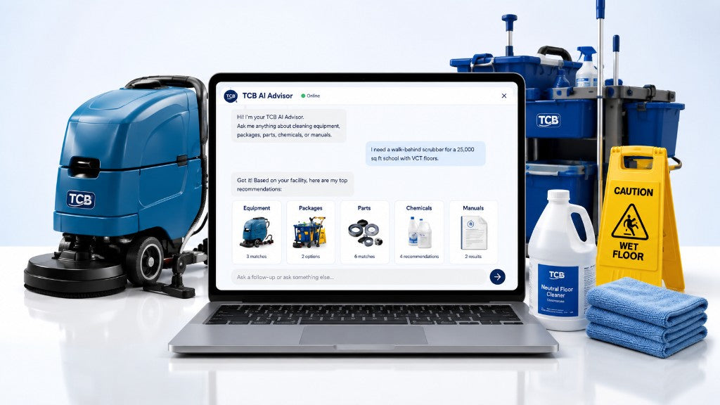 TCB AI Advisor on laptop with walk-behind scrubber, janitorial cart, and cleaning supplies